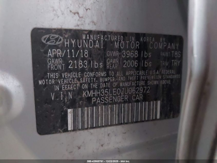 2018 Hyundai Elantra Gt VIN: KMHH35LE0JU062972 Lot: 43985761
