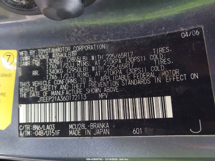 2006 Toyota Highlander Limited V6 VIN: JTEEP21A360172113 Lot: 43985762