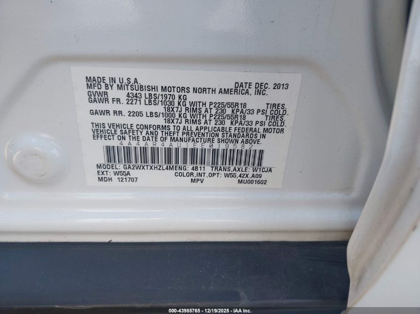 2014 Mitsubishi Outlander Sport Se VIN: 4A4AR4AU1EE019582 Lot: 43985765