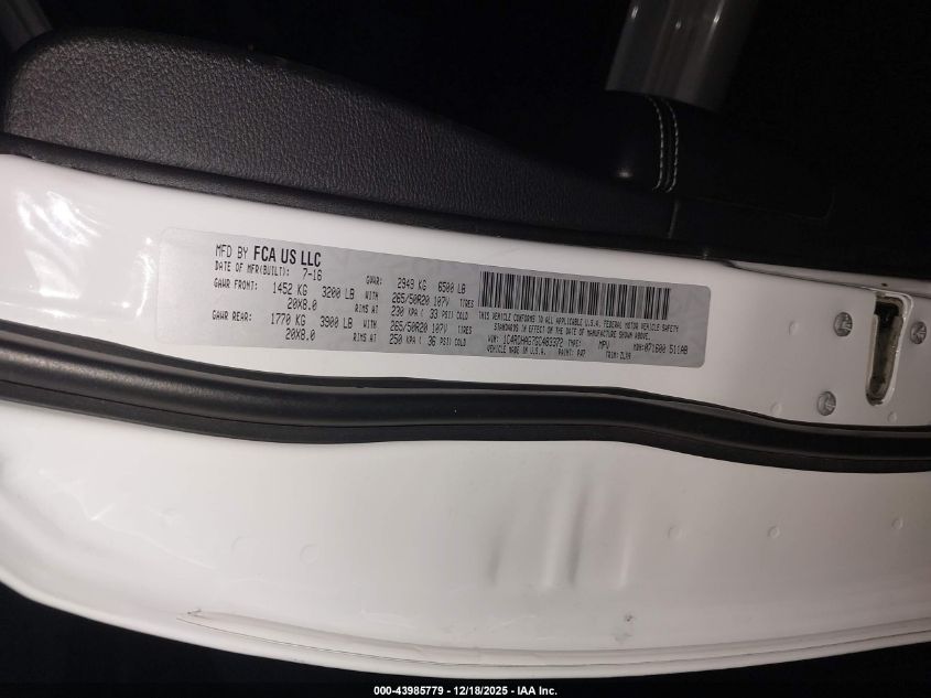 2016 Dodge Durango Sxt VIN: 1C4RDHAG7GC483372 Lot: 43985779