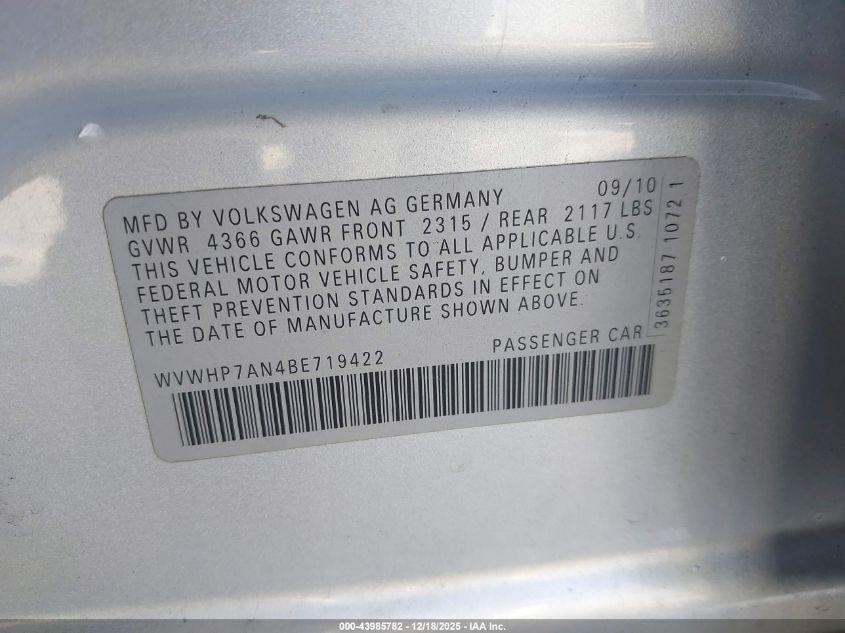 2011 Volkswagen Cc Lux Limited VIN: WVWHP7AN4BE719422 Lot: 43985782