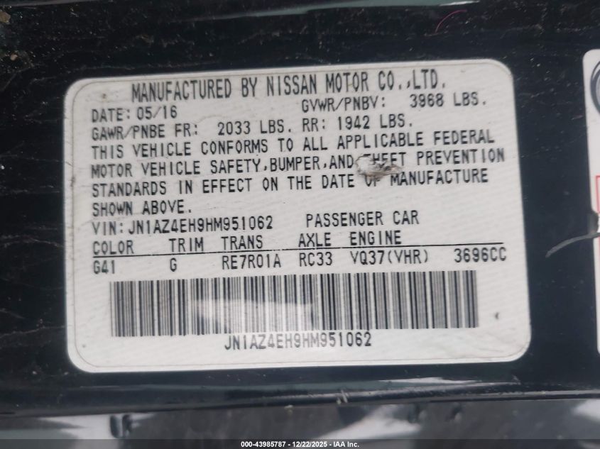 2017 Nissan 370Z Nismo/Nismo Tech/Sport/Sport Tech/Touring VIN: JN1AZ4EH9HM951062 Lot: 43985787