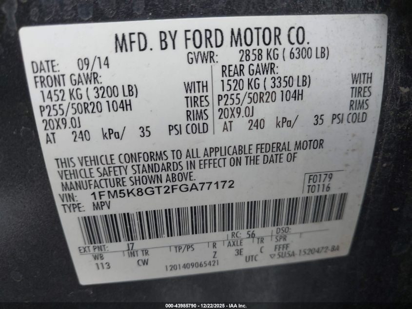 2015 Ford Explorer Sport VIN: 1FM5K8GT2FGA77172 Lot: 43985790