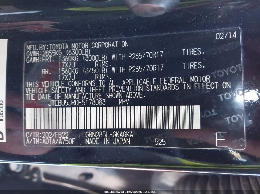 2014 Toyota 4Runner Sr5 VIN: JTEBU5JR0E5178083 Lot: 43985793