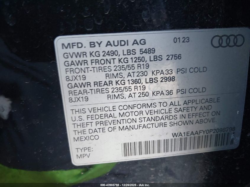 2023 Audi Q5 Premium Plus 45 Tfsi S Line Quattro VIN: WA1EAAFY0P2098798 Lot: 43985798