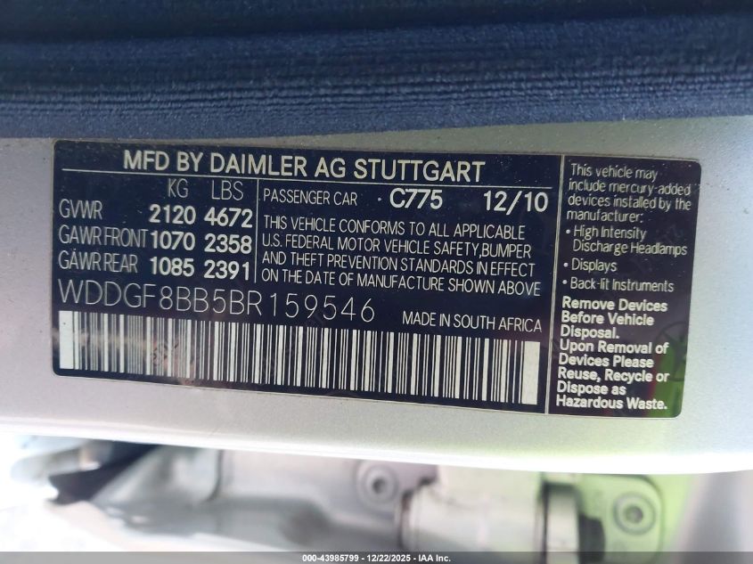 2011 Mercedes-Benz C 300 Luxury 4Matic VIN: WDDGF8BB5BR159546 Lot: 43985799