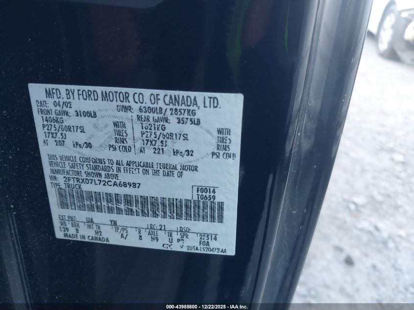 2002 Ford F-150 Lariat/Xl/Xlt VIN: 2FTRX07L72CA68987 Lot: 43985800