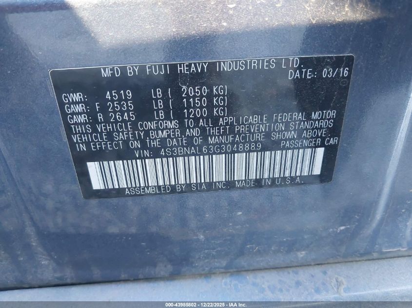 2016 Subaru Legacy 2.5I Limited VIN: 4S3BNAL63G3048889 Lot: 43985802