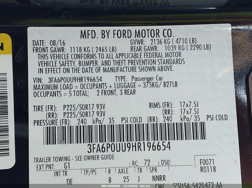 2017 Ford Fusion Hybrid S VIN: 3FA6P0UU9HR196654 Lot: 43985806