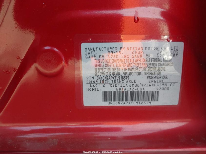 2015 Nissan Versa 1.6 S+ VIN: 3N1CN7APXFL918579 Lot: 43985807