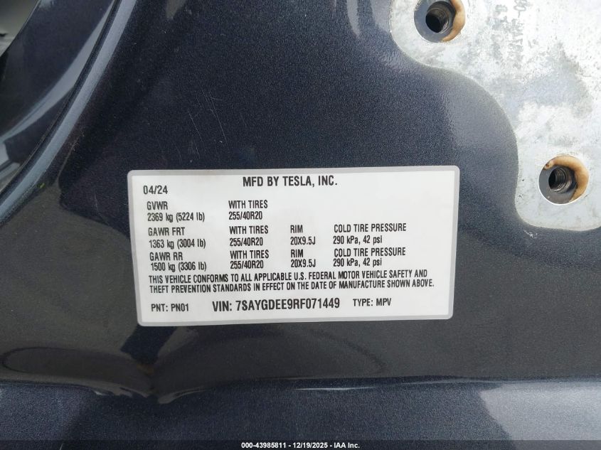 2024 Tesla Model Y Long Range Dual Motor All-Wheel Drive VIN: 7SAYGDEE9RF071449 Lot: 43985811