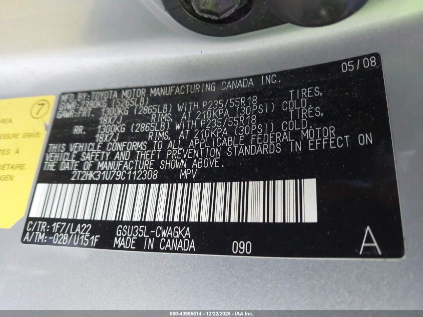 2009 Lexus Rx 350 VIN: 2T2HK31U79C112308 Lot: 43985814