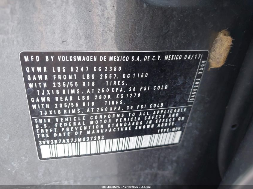 2018 Volkswagen Tiguan 2.0T Se/2.0T Sel VIN: 3VV3B7AX7JM037252 Lot: 43985817