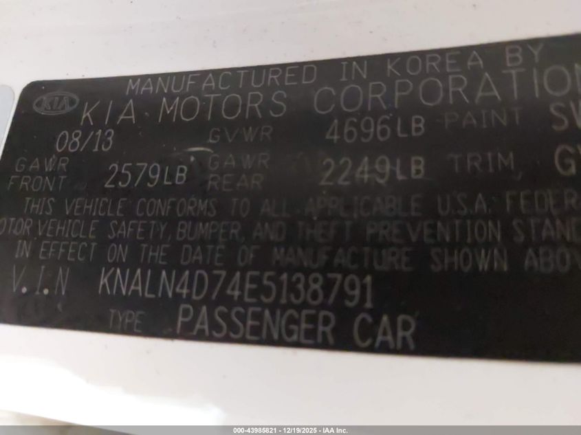 2014 Kia Cadenza Premium VIN: KNALN4D74E5138791 Lot: 43985821
