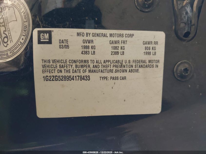 2005 Pontiac G6 VIN: 1G2ZG528954178433 Lot: 43985828