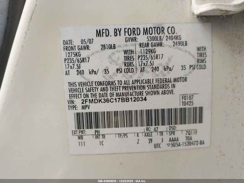 2007 Ford Edge Se VIN: 2FMDK36C17BB12034 Lot: 43985830