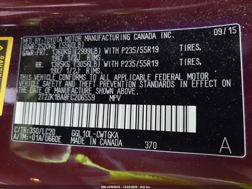 2015 Lexus Rx 350 VIN: 2T2ZK1BA8FC206559 Lot: 43985835