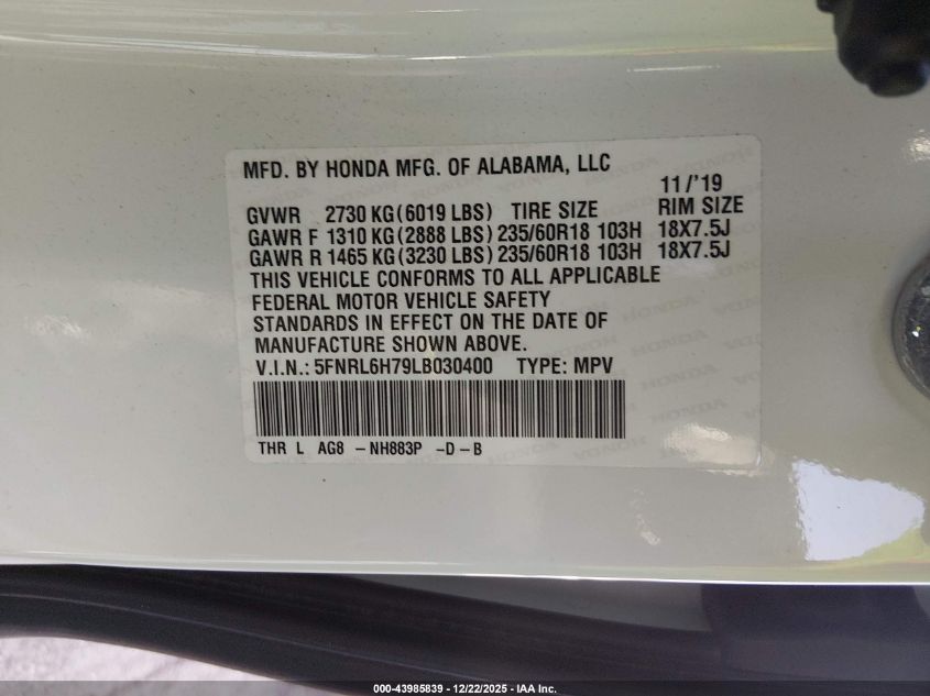 2020 Honda Odyssey Ex-L/Ex-L W/Navi Res VIN: 5FNRL6H79LB030400 Lot: 43985839