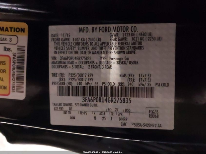 2016 Ford Fusion Hybrid Titanium VIN: 3FA6P0RU4GR275835 Lot: 43985842