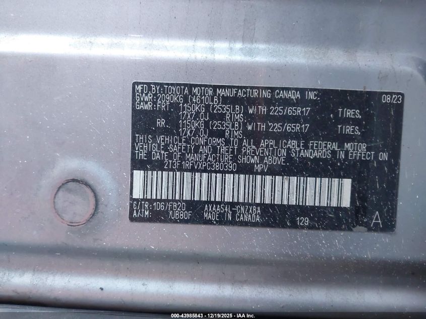 2023 Toyota Rav4 Le VIN: 2T3F1RFVXPC380390 Lot: 43985843