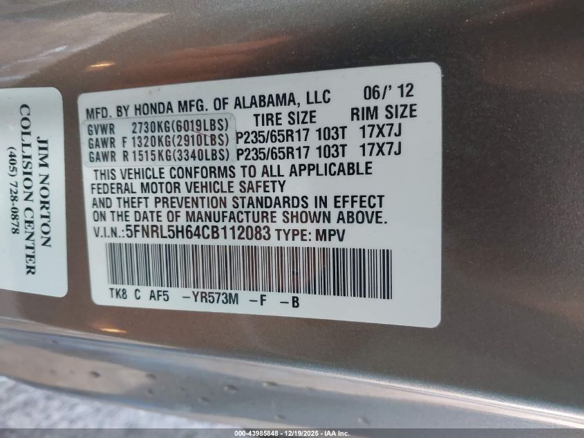 2012 Honda Odyssey Ex-L VIN: 5FNRL5H64CB112083 Lot: 43985848