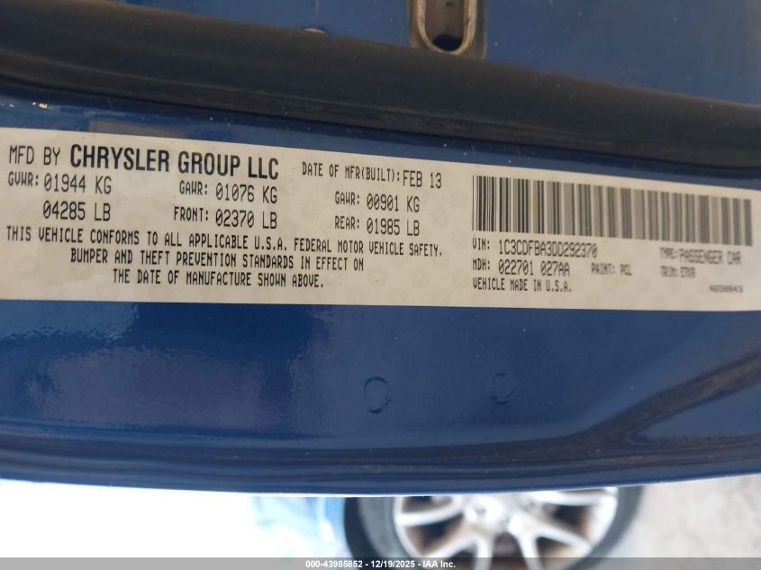 2013 Dodge Dart Sxt VIN: 1C3CDFBA3DD292370 Lot: 43985852