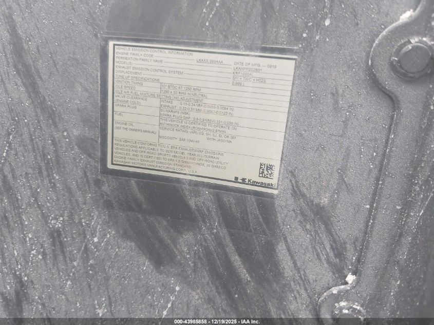 2020 Kawasaki Krf 1000 A VIN: JKARFCA13LB500073 Lot: 43985858