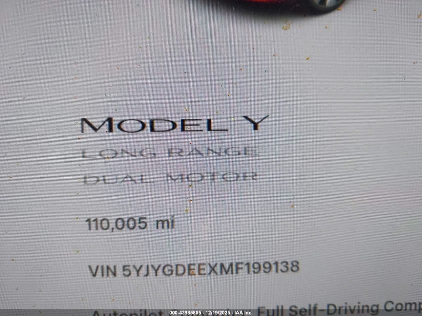 2021 Tesla Model Y Long Range Dual Motor All-Wheel Drive VIN: 5YJYGDEEXMF199138 Lot: 43985865