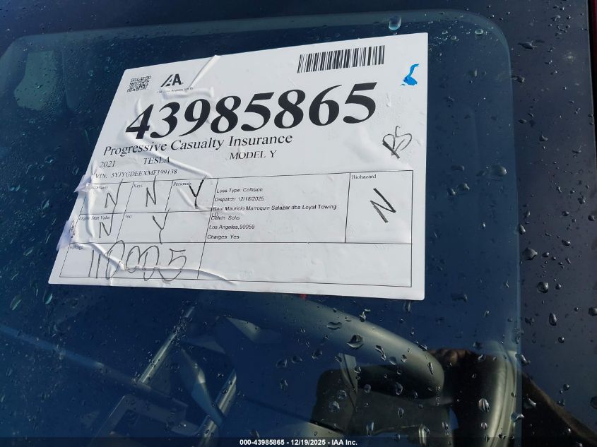 2021 Tesla Model Y Long Range Dual Motor All-Wheel Drive VIN: 5YJYGDEEXMF199138 Lot: 43985865