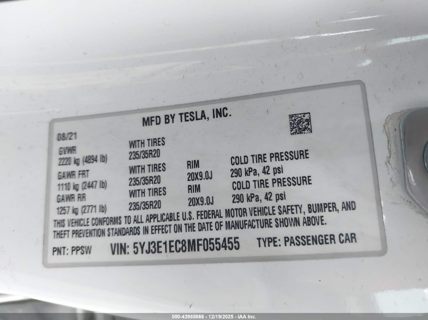 2021 Tesla Model 3 Performance Dual Motor All-Wheel Drive VIN: 5YJ3E1EC8MF055455 Lot: 43985866