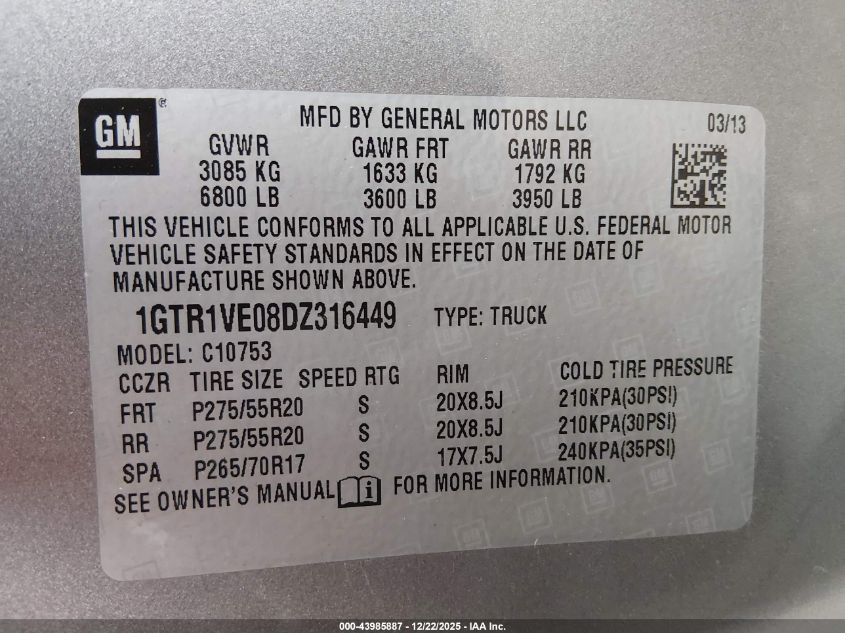 2013 GMC Sierra 1500 Sle VIN: 1GTR1VE08DZ316449 Lot: 43985887