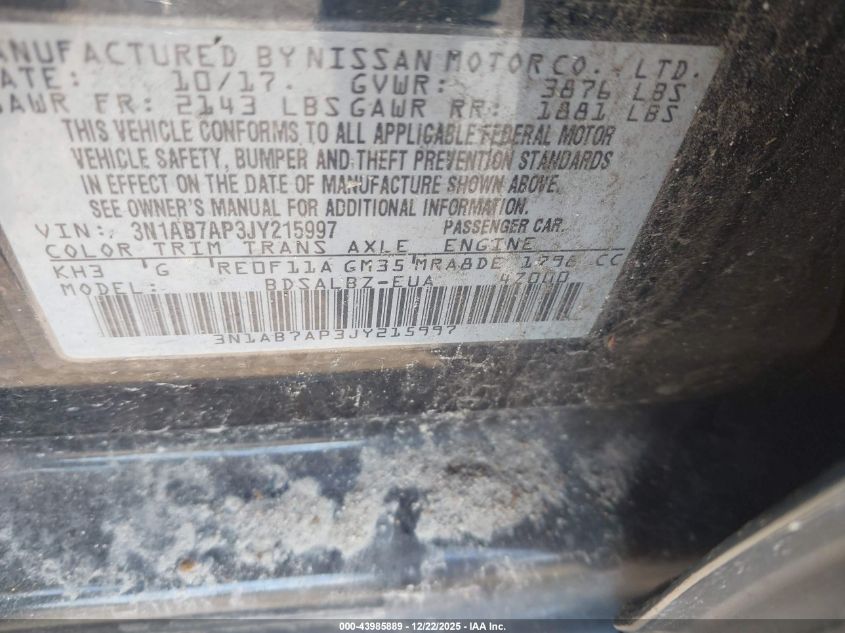 2018 Nissan Sentra S VIN: 3N1AB7AP3JY215997 Lot: 43985889