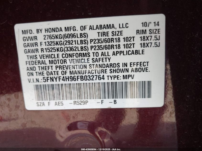 2015 Honda Pilot Touring VIN: 5FNYF4H96FB032764 Lot: 43985894