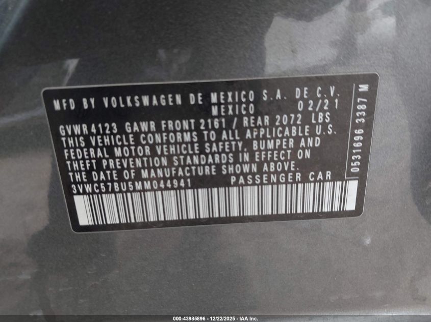 2021 Volkswagen Jetta 1.4T R-Line/1.4T S/1.4T Se VIN: 3VWC57BU5MM044941 Lot: 43985896