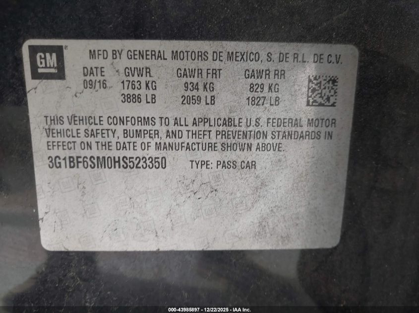 2017 Chevrolet Cruze Premier Auto VIN: 3G1BF6SM0HS523350 Lot: 43985897