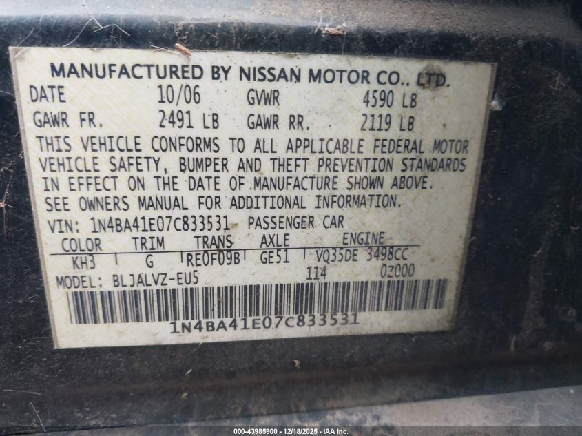 2007 Nissan Maxima 3.5 Se VIN: 1N4BA41E07C833531 Lot: 43985900