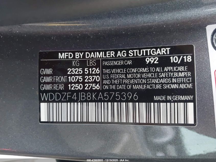 2019 Mercedes-Benz E 300 VIN: WDDZF4JB8KA575396 Lot: 43985905