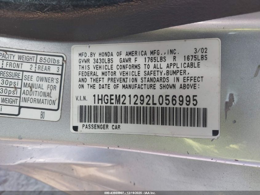 2002 Honda Civic Dx VIN: 1HGEM21292L056995 Lot: 43985907