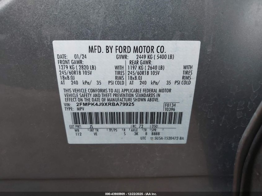 2024 Ford Edge Sel VIN: 2FMPK4J9XRBA79925 Lot: 43985909