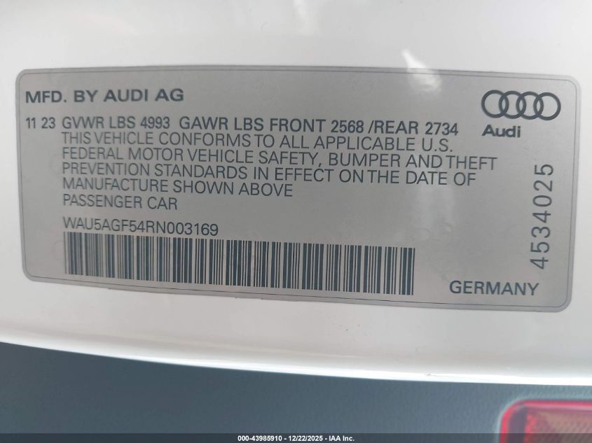 2024 Audi A5 Cabriolet Prestige 45 Tfsi S Line Quattro S Tronic VIN: WAU5AGF54RN003169 Lot: 43985910
