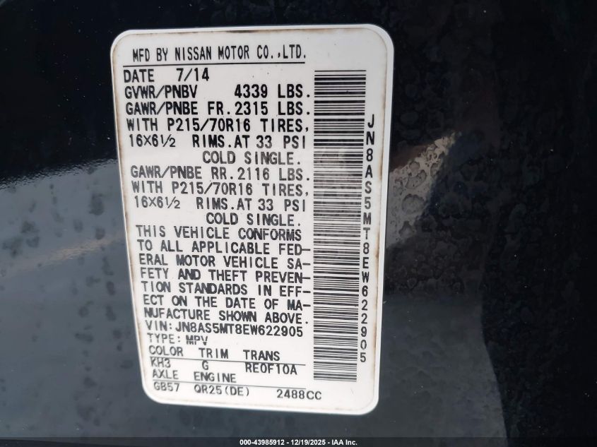 2014 Nissan Rogue Select S VIN: JN8AS5MT8EW622905 Lot: 43985912