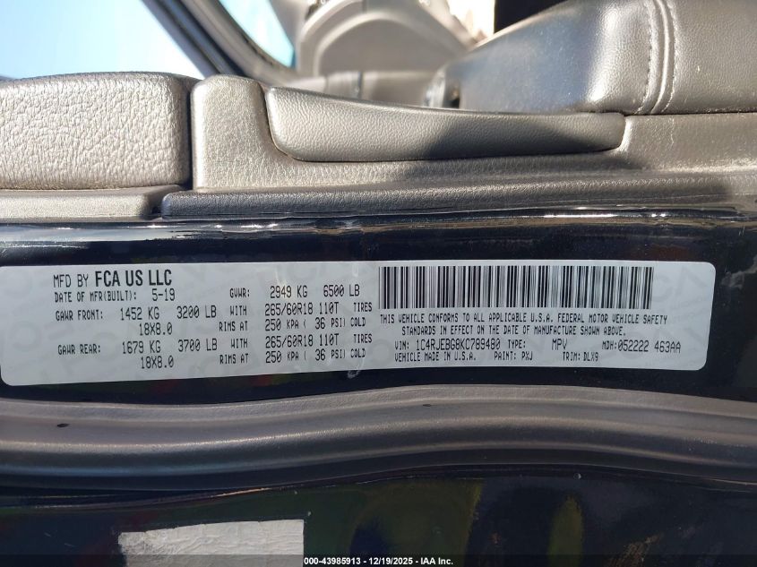 2019 Jeep Grand Cherokee Limited 4X2 VIN: 1C4RJEBG8KC789480 Lot: 43985913