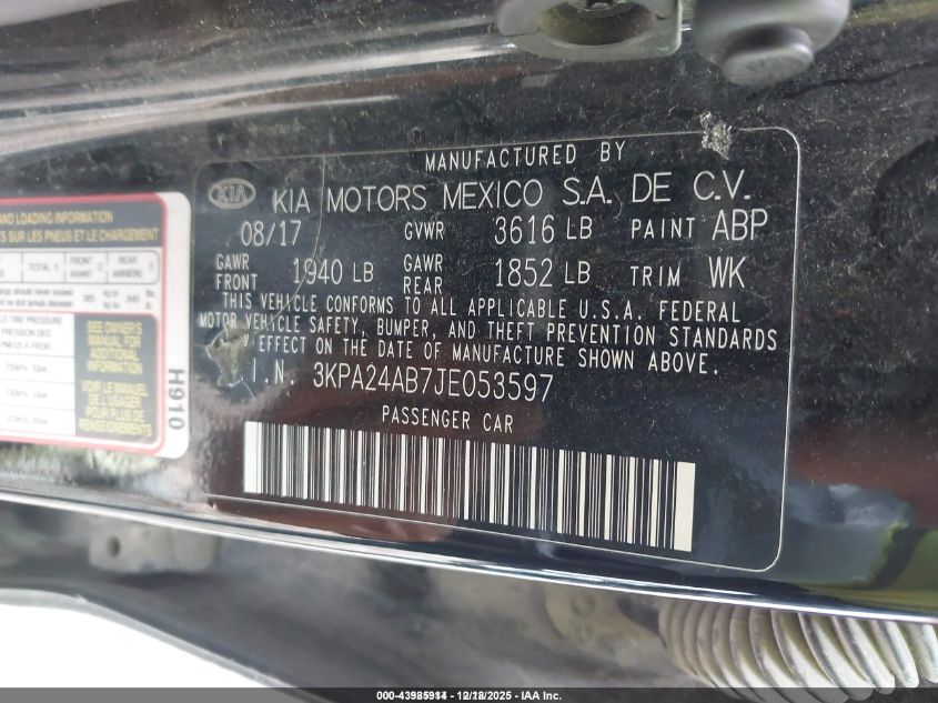 2018 Kia Rio Lx VIN: 3KPA24AB7JE053597 Lot: 43985914