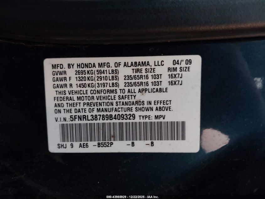 2009 Honda Odyssey Ex-L VIN: 5FNRL38789B409329 Lot: 43985929