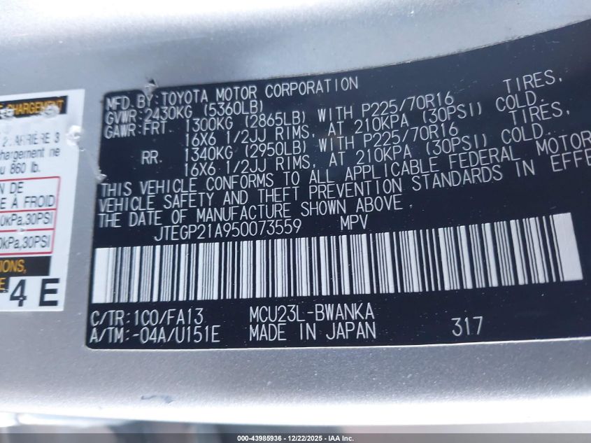 2005 Toyota Highlander V6 VIN: JTEGP21A950073559 Lot: 43985936