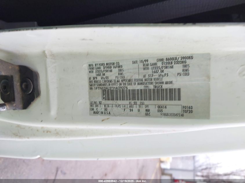 2000 Ford E-250 Commercial/Recreational VIN: 1FTNE24L2YHA29276 Lot: 43985942