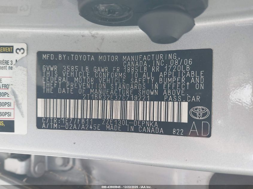 2007 Toyota Corolla Le VIN: 2T1BR32E37C719221 Lot: 43985945