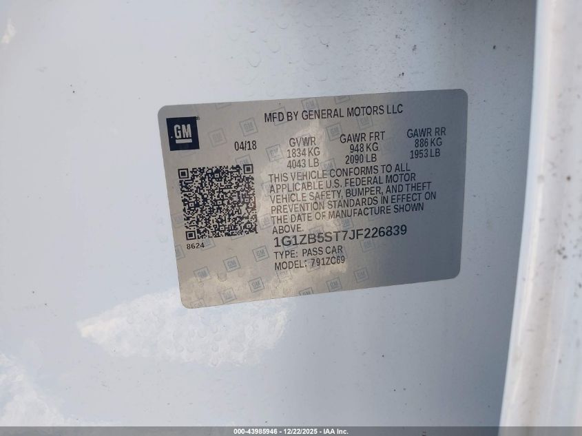 2018 Chevrolet Malibu 1Ls VIN: 1G1ZB5ST7JF226839 Lot: 43985946