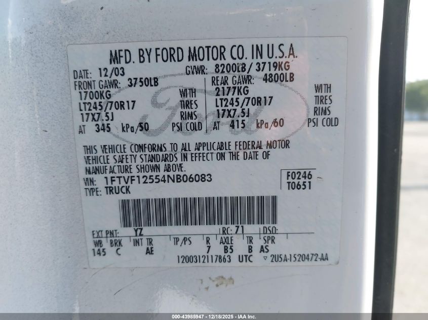 2004 Ford F-150 Xl/Xlt VIN: 1FTVF12554NB06083 Lot: 43985947