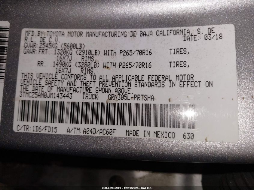 2018 Toyota Tacoma Trd Off Road VIN: 3TMCZ5AN0JM143443 Lot: 43985949